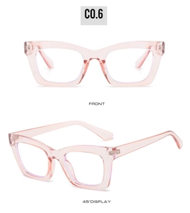 Detailed front and side views of pink transparent square anti-blue light glasses frames