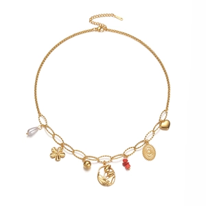 18K gold plated stainless steel necklace with pearl, floral, and heart charms