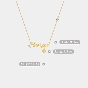 Detailed view of Scorpio pendant necklace with dimensions 3.3cm width and 3.4g weight