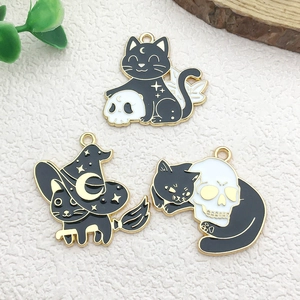 Halloween enamel charms featuring black cats, skulls and witch broom for DIY jewelry