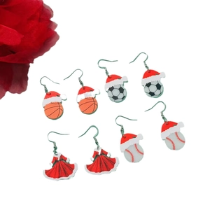 Christmas themed baseball basketball and football earrings with festive red dress designs