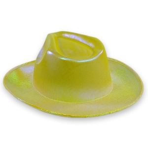 Macro shot of iridescent yellow cowboy hat with laser metallic finish and wide brim