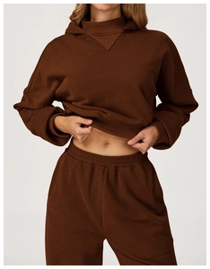 Front view of a brown hooded sweatshirt and jogger pants set in premium fleece material