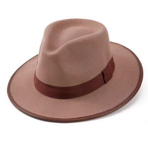 Classic light brown fedora hat with a wide brim and decorative dark ribbon band