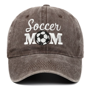 Washed dark grey Soccer Mom embroidered baseball cap with soccer ball graphic detail