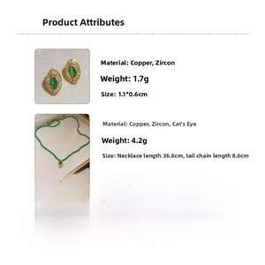 Attributes of emerald green jewelry set with stud earrings and pendant necklace size data