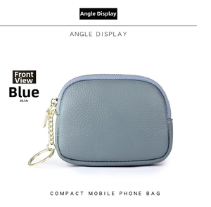 Blue lychee grain leather mini coin purse with gold zipper and keychain detail