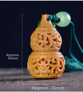 Detailed view of hand-carved wood gourd pendant with dimensions 34mm by 20mm