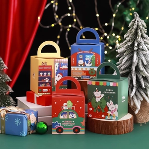 Set of four colorful Christmas gift boxes with handles and festive cartoon illustrations