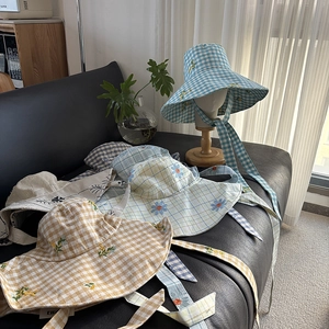 Bucket Hat Linen Cotton Wide Brim Sun Protection Foldable Embroidery Plaid Floral Summer Travel With Straps For Women