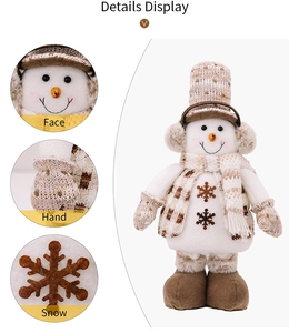 Detail display of a plush Christmas snowman with plaid hat, scarf and snowflake buttons