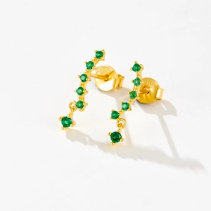 S925 sterling silver stud earrings with green stones and gold plating on white background