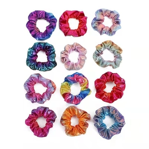 12-piece set of iridescent rainbow hair scrunchies with metallic shimmer fabric