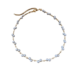 French vintage double-layered pearl necklace with golden metal chain and grey beads