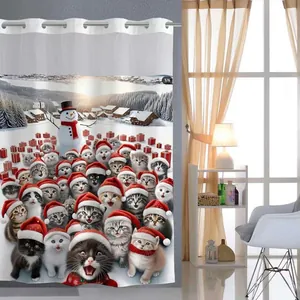 Detail of Christmas shower curtain featuring snowman and cats in a winter village scene