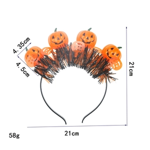 Detailed size chart of Halloween LED pumpkin headband showing dimensions and weight
