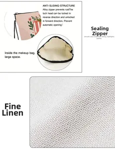 Detail of rose cat print makeup bag showing the smooth alloy zipper and durable linen fabric