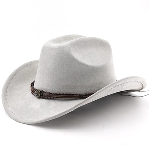 Detail of light gray suede cowboy hat with braided leather band and bronze emblem