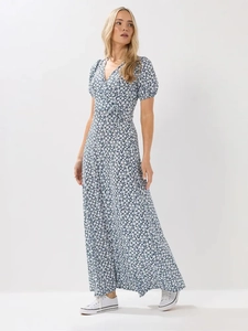 Women French Retro Floral Maxi Wrap Dress V Neck Short Puff Sleeve High Waist Elegant Casual Long Dress Polyester
