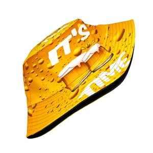 Detail of yellow bucket hat with beer mug print and realistic water drop texture