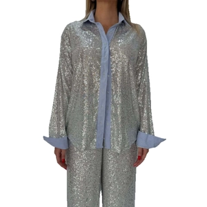 Women's sparkling silver sequin two-piece loose blazer and wide-leg trousers set