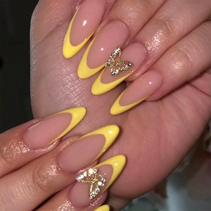 French Press On Nails Yellow Tip Almond Shape With Golden Butterfly Rhinestones Elegant Long False Nails For Women