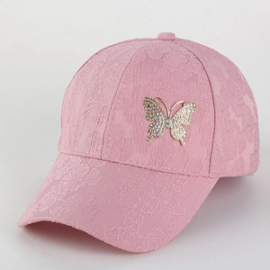 Pink lace baseball cap with sparkling rhinestone butterfly decoration for sun protection