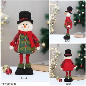 Front side and back views of a plush Christmas snowman doll with telescopic legs