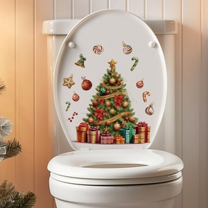 Christmas tree toilet seat decal with gift boxes and stars for holiday bathroom decor