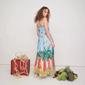 Abito lungo con stampa tropicale blu e spalline sottili per le vacanze estive