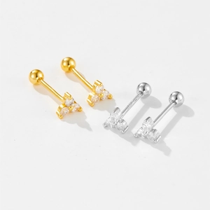 Minimalist S925 sterling silver ear studs with three cubic zirconia stones and ball screw backs