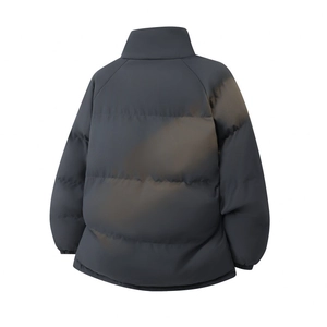 Detail view of the charcoal gray winter jacket featuring elastic cuffs and stand collar