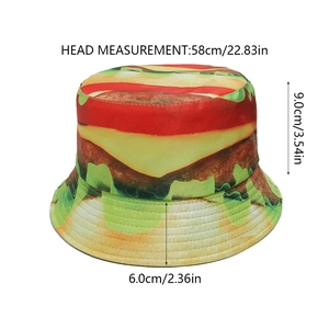 Detailed size chart of hamburger printed bucket hat with 58cm head circumference measure