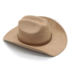 Detail of khaki suede cowboy hat with dark brown leather band and classic curved brim