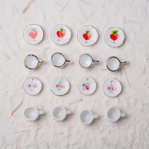 Miniature ceramic tea set with strawberry and rose patterns for dollhouse crafts