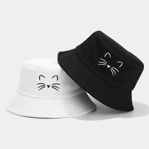 Bucket Hat Cotton Canvas Embroidered Cat Expression Sun Protection Outdoor Travel Casual Sunshade For Women Men