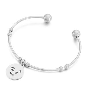 Fashion titanium steel open bangle with silver finish and winking smiley face pendant
