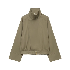 Women Short Utility Jacket Cotton Twill Stand Collar Zipper Belted Windbreaker Asymmetrical Button Military Style Outerwear