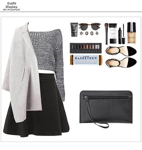 Flat lay set with grey cardigan, checkered knit top and black high-waist A-line skirt