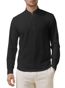 Detail of black linen shirt showing the four-button placket and mandarin collar