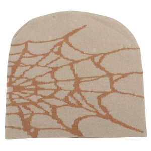 Beige and brown spider web jacquard knitted beanie for men and women streetwear style