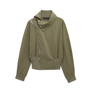 Army green batwing sleeve stand collar jacket with high waist trousers set for women