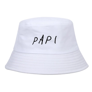 Detail of white cotton bucket hat with black PAPI text embroidery and fine stitching