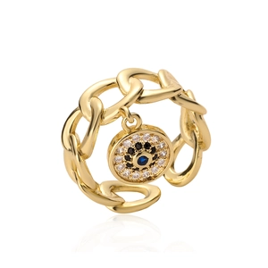 Minimalist 18K gold plated copper chain ring featuring a blue evil eye zircon pendant