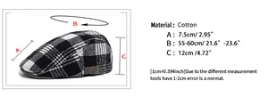 Detailed size chart for vintage plaid cotton newsboy cap showing dimensions and measurements