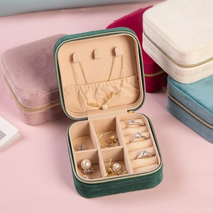 Portable velvet jewelry travel case organizer with zipper closure in multiple colors