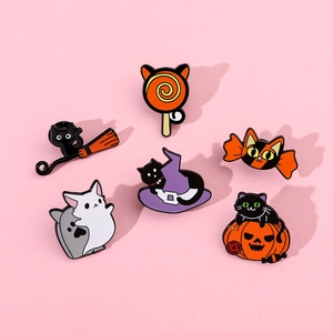 Set of six Halloween enamel cat pins featuring pumpkin, witch hat, and candy designs