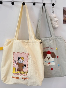 Cute large canvas tote bags with plush embroidery in beige and green for daily use
