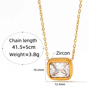 Gold stainless steel necklace with a square clear zircon pendant and adjustable chain