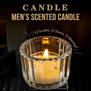 Men's scented candle gift set with 12 fragrances in striped glass jars, burning brightly